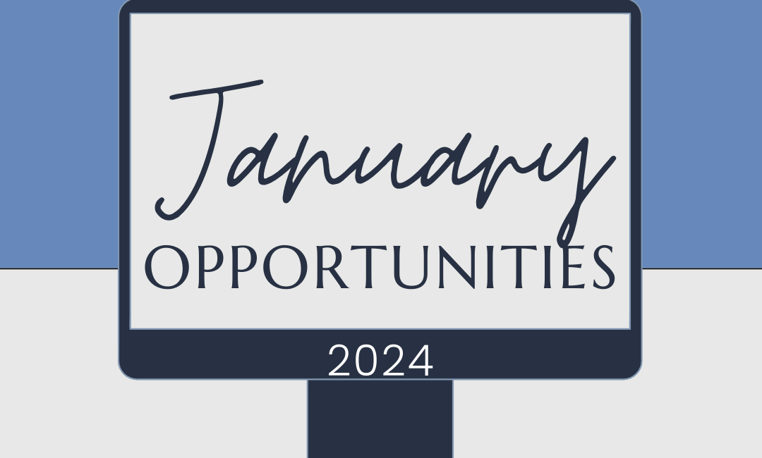 Half blue half gray background. Gray computer monitor icon. Text says, "January 2024 Opportunities."